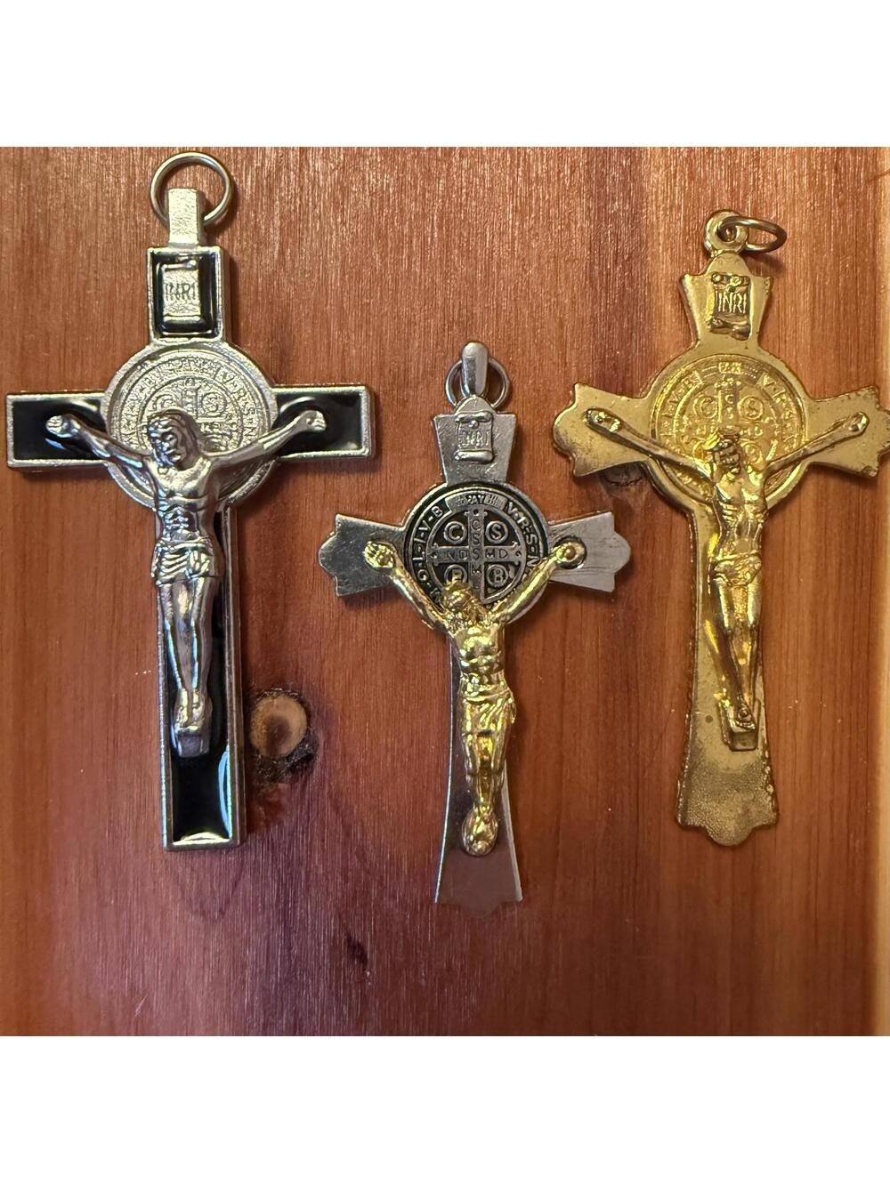 Vintage St Benedict Crucifix Pendant Lot – Catholic Medal Crosses, Italy- 3pc